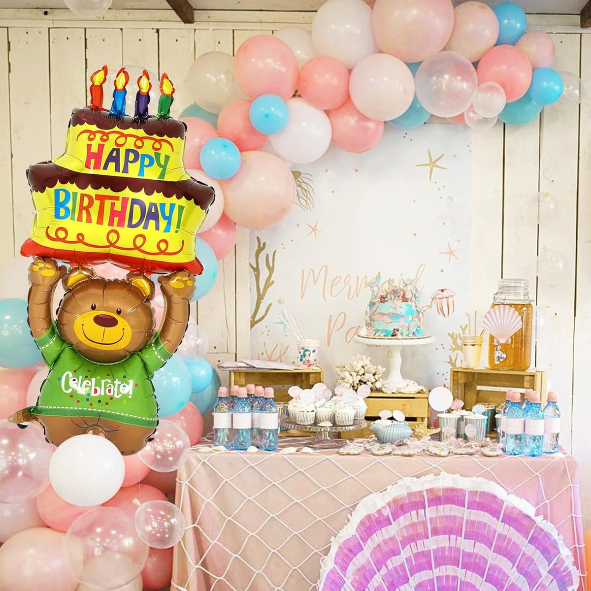 Balon Aniversar din Folie Metalizata, Model Ursulet cu Tort, Figurina Animalute, Umflare Aer sau Heliu, include Pai, 124x65 cm, Multicolor