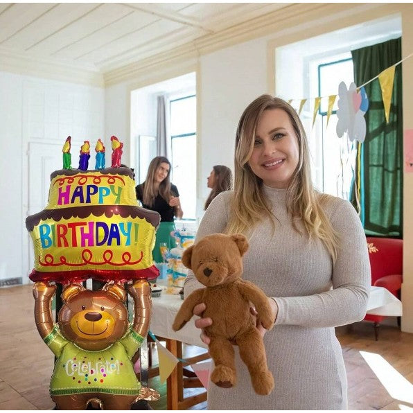 Balon Aniversar din Folie Metalizata, Model Ursulet cu Tort, Figurina Animalute, Umflare Aer sau Heliu, include Pai, 124x65 cm, Multicolor