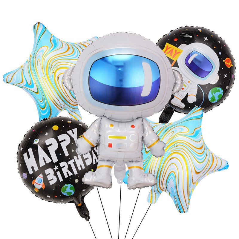 Set Baloane Astronaut Pentru Petrecere Tematica, Figurine Stele si Rotunde, Decoratiuni Aniversare din Folie de Aluminiu, Include Pai si Adeziv, 78x45 cm, Albastru Deschis, 5 Piese
