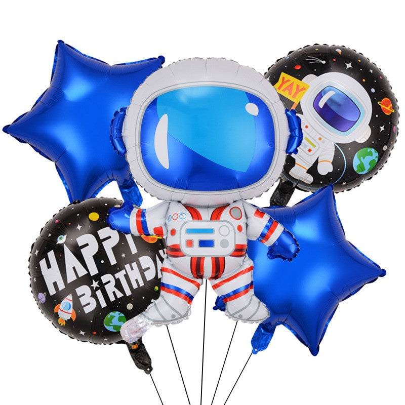 Set 5 Baloane Aniversare Happy Birthday, Figurina Astronaut si Stelute, Folie Metalizata, Pai si Adeziv Incluse, 78 x 45 cm, Albastru Inchis
