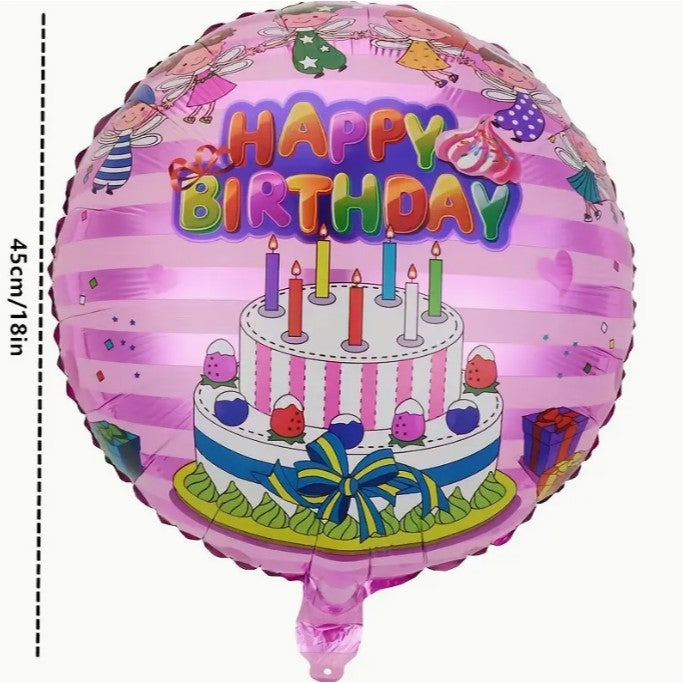 Balon Aniversar Happy Birthday, Figurina din Folie Metalizata, Umflare Aer sau Heliu, Set cu Pai Inclus, Diametru 45 cm, Multicolor