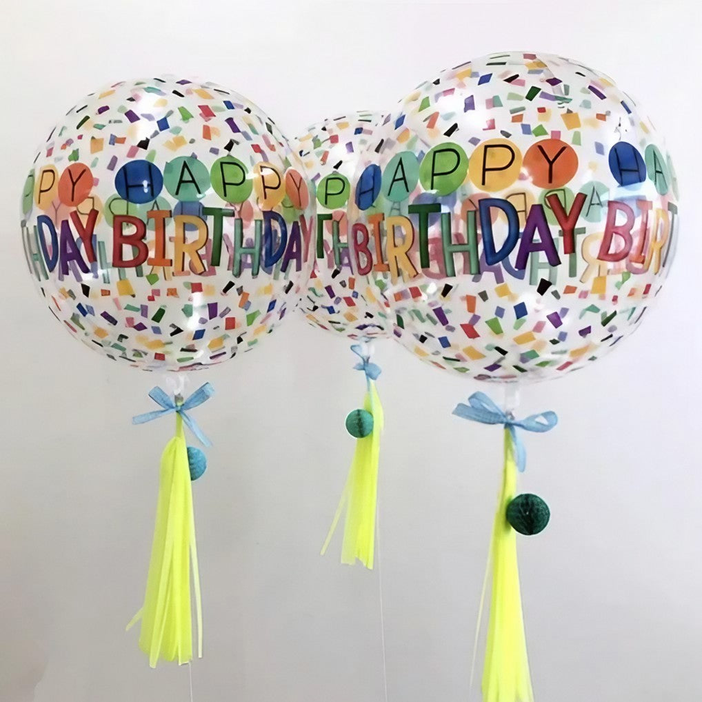 Balon Aniversar Happy Birthday, Model Figurina 4D Tematica Bombonele, Folie Metalizata, Umflare Aer sau Heliu, include Pai, 63x24 cm, Alb-Multicolor