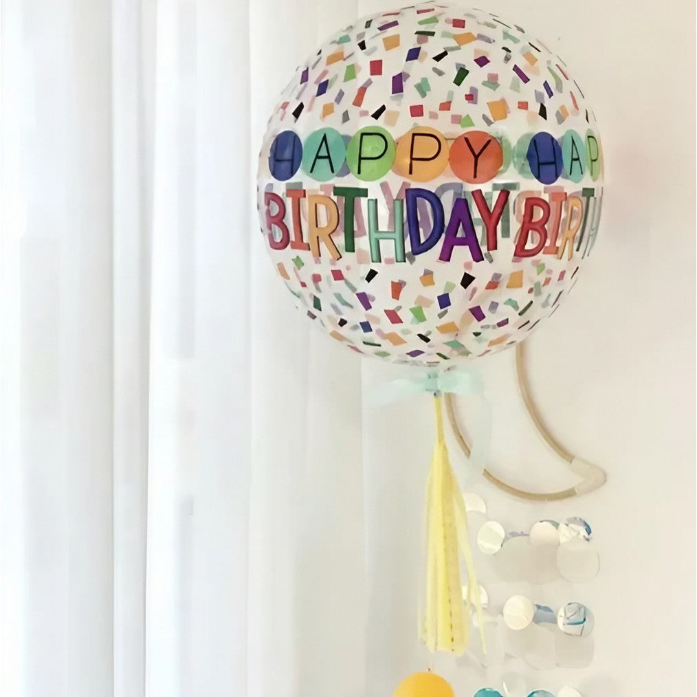 Balon Aniversar Happy Birthday, Model Figurina 4D Tematica Bombonele, Folie Metalizata, Umflare Aer sau Heliu, include Pai, 63x24 cm, Alb-Multicolor
