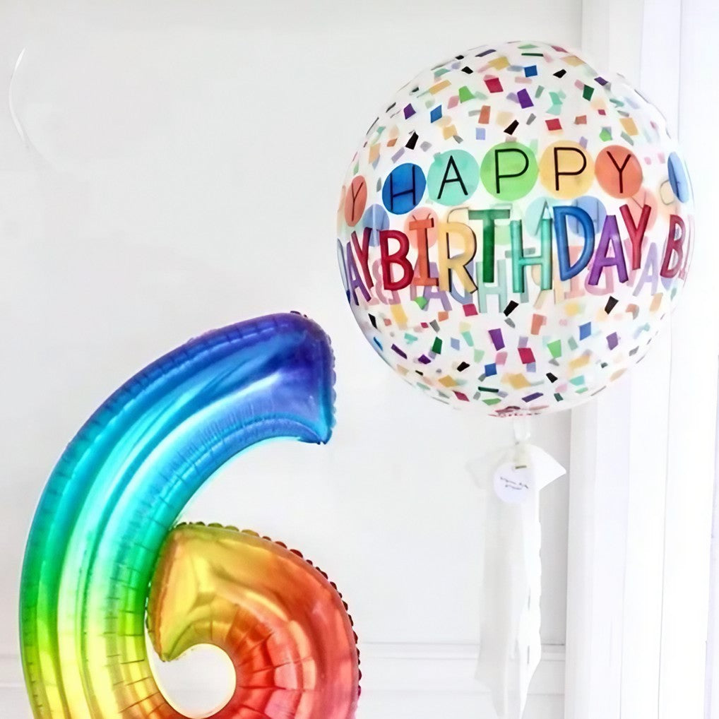 Balon Aniversar Happy Birthday, Model Figurina 4D Tematica Bombonele, Folie Metalizata, Umflare Aer sau Heliu, include Pai, 63x24 cm, Alb-Multicolor