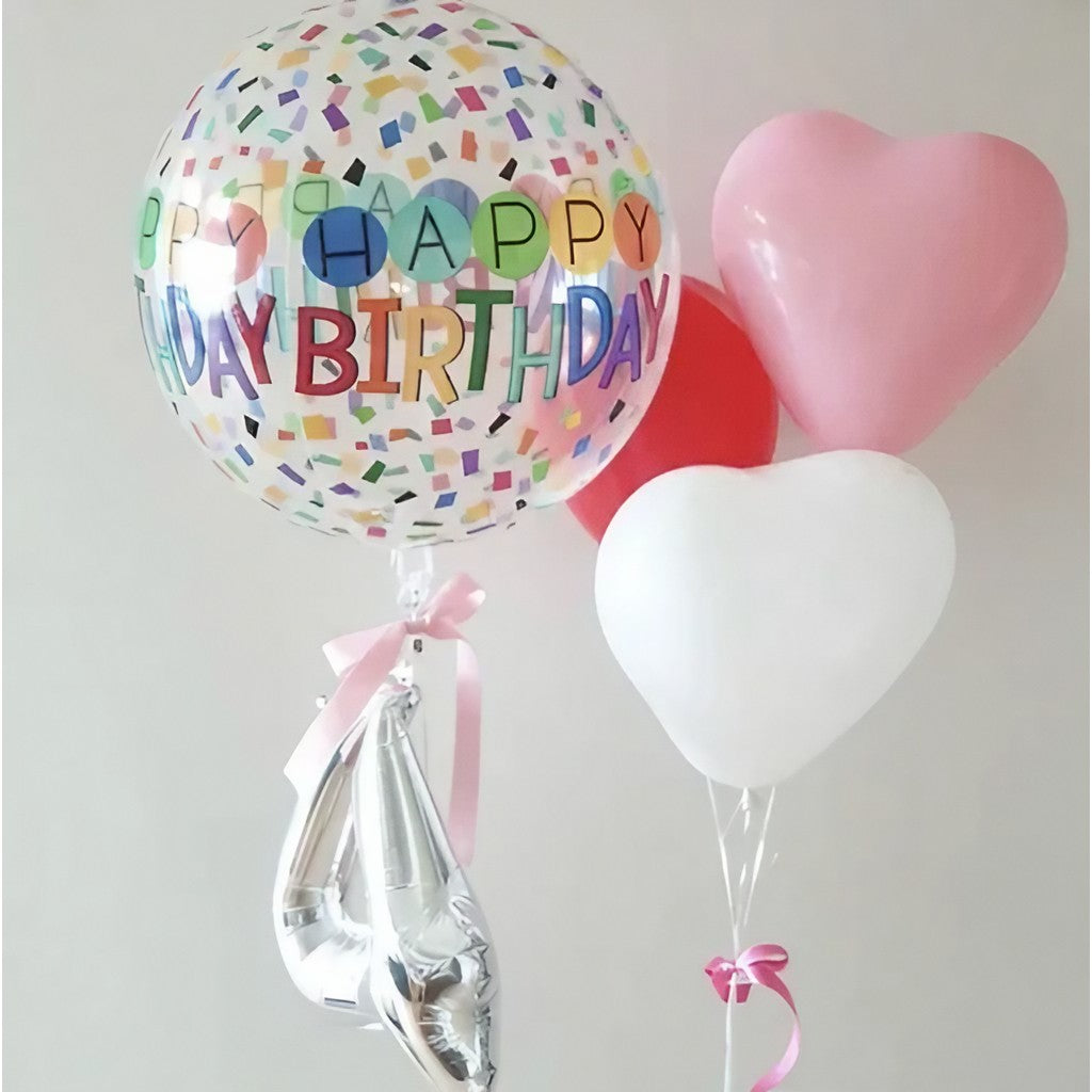 Balon Aniversar Happy Birthday, Model Figurina 4D Tematica Bombonele, Folie Metalizata, Umflare Aer sau Heliu, include Pai, 63x24 cm, Alb-Multicolor