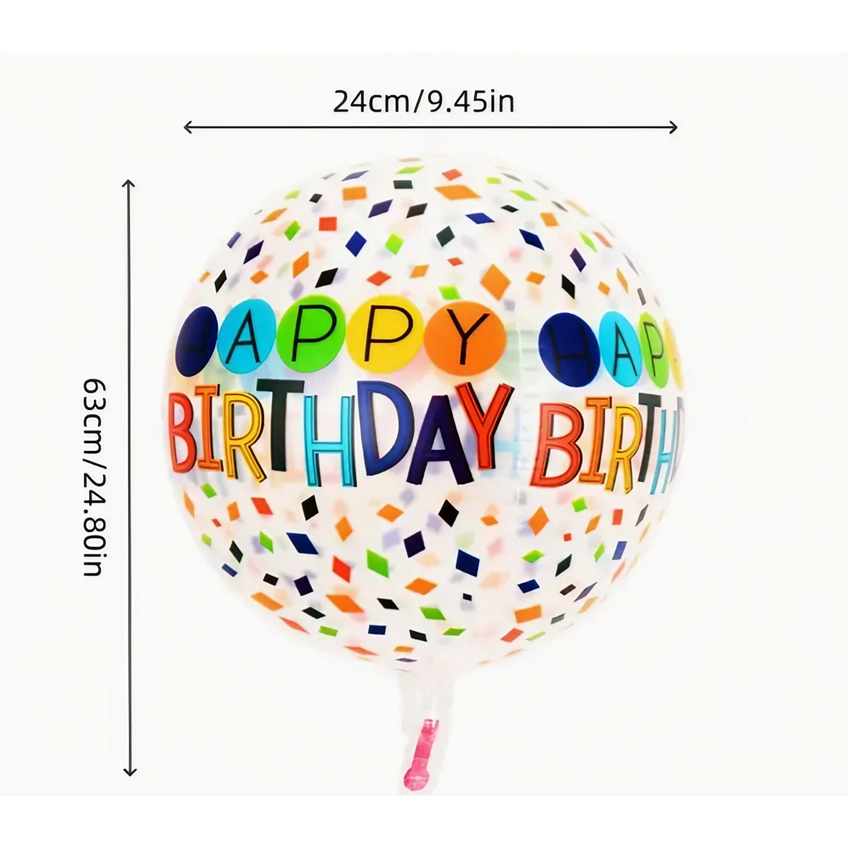 Balon Aniversar Happy Birthday, Model Figurina 4D Tematica Bombonele, Folie Metalizata, Umflare Aer sau Heliu, include Pai, 63x24 cm, Alb-Multicolor