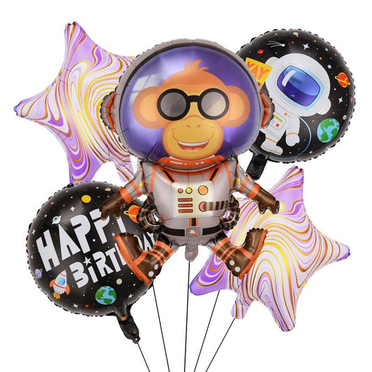 Set 5 Baloane Maimuta Astronaut, Decoratiuni Tematica Spatiala cu Stele, Folie de Aluminiu Metalizata, 78x45 cm, Multicolor, Accesorii Incluse