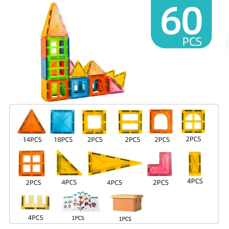 Set Constructie Magnetica, Magnetic Tiles Educativ, Puzzle 3D Forme Geometrice, Plastic ABS Non-Toxic, 60 Piese, Multicolor