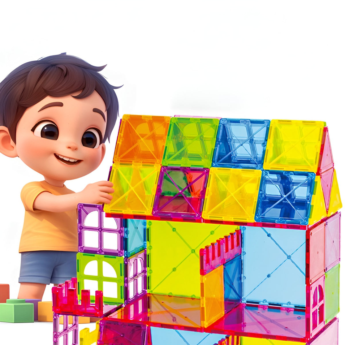 Set Constructie Magnetica, Magnetic Tiles Educativ, Puzzle 3D Forme Geometrice, Plastic ABS Non-Toxic, 60 Piese, Multicolor