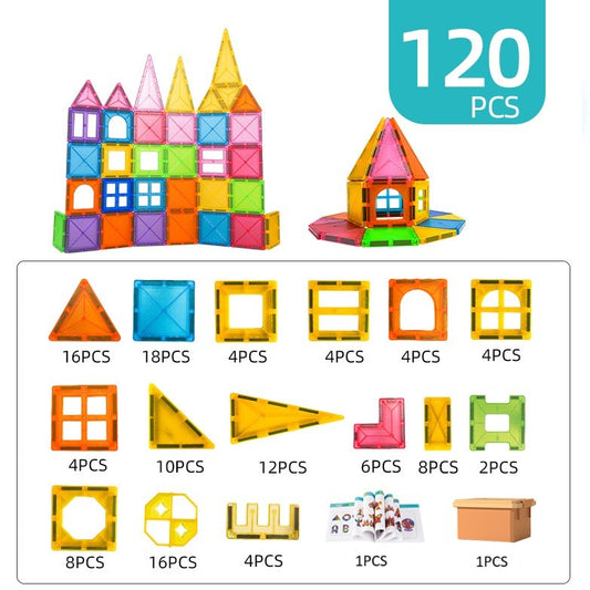 Set de Constructie Magnetic, Joc Educativ cu 120 Piese Mari, Puzzle 3D Magnetic Tiles, Dezvoltare Creativitate, Plastic ABS Non-toxic, Multicolor