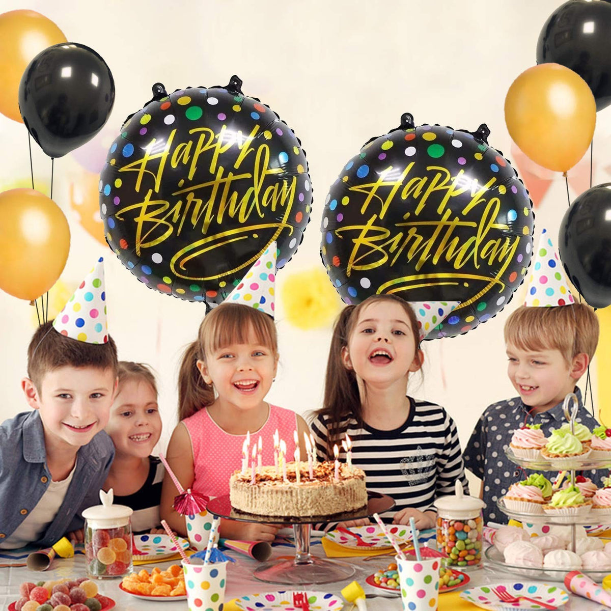 Balon Aniversar Happy Birthday, Model Figurina 3, Folie Metalizata de Aluminiu, Umflare Aer sau Heliu, 45 cm, Multicolor