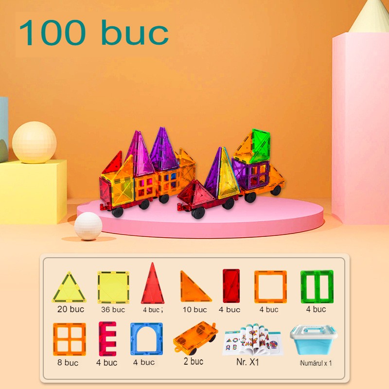 Set Joc de Constructie Magnetic, Puzzle 3D Educativ cu Forme Geometrice, Plastic ABS Non-toxic, 100 Piese, Multicolur, 3 Ani+