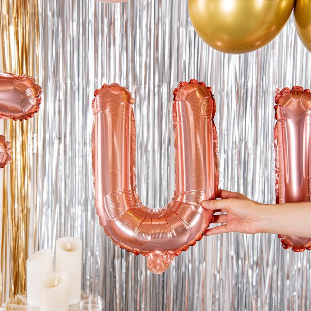 Balon Folie Metalizata Litera U, Umflare Heliu sau Aer, Aluminiu Rezistent, Set cu Pai Inclus, 40 cm, Rose Gold