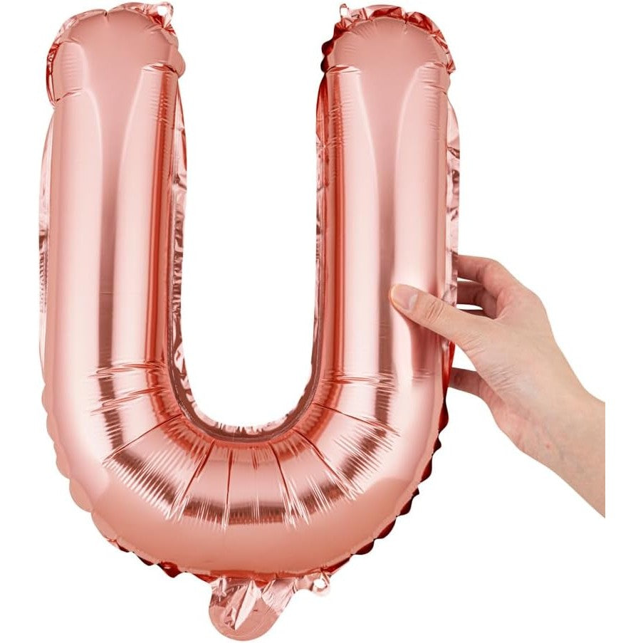 Balon Folie Metalizata Litera U, Umflare Heliu sau Aer, Aluminiu Rezistent, Set cu Pai Inclus, 40 cm, Rose Gold