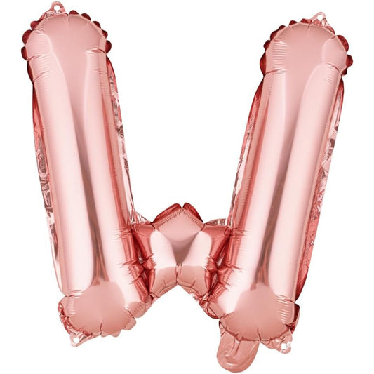 Balon Folie Metalizata Litera W, Decoratiune Aniversara cu Aer sau Heliu, Folie Aluminiu, Inclus Pai Umflare, 40 cm, Rose Gold