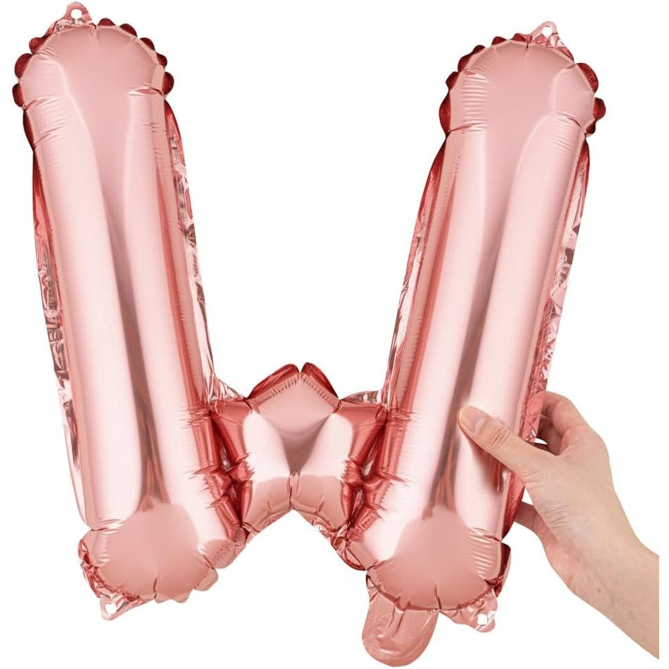 Balon Folie Metalizata Litera W, Decoratiune Aniversara cu Aer sau Heliu, Folie Aluminiu, Inclus Pai Umflare, 40 cm, Rose Gold
