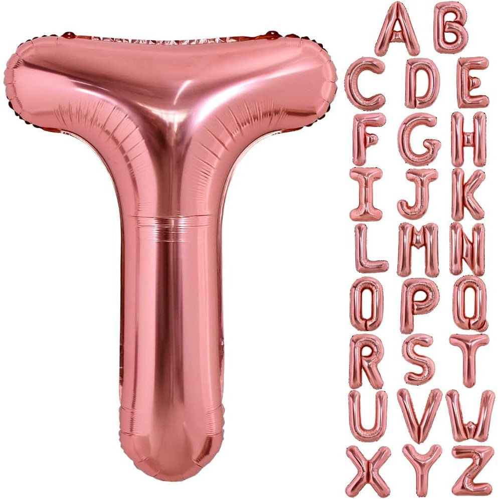 Balon Folie Metalizata Litera T, Umflare Heliu sau Aer, Include Pai pentru Umflare, Material Rezistent, 40 cm, Rose Gold