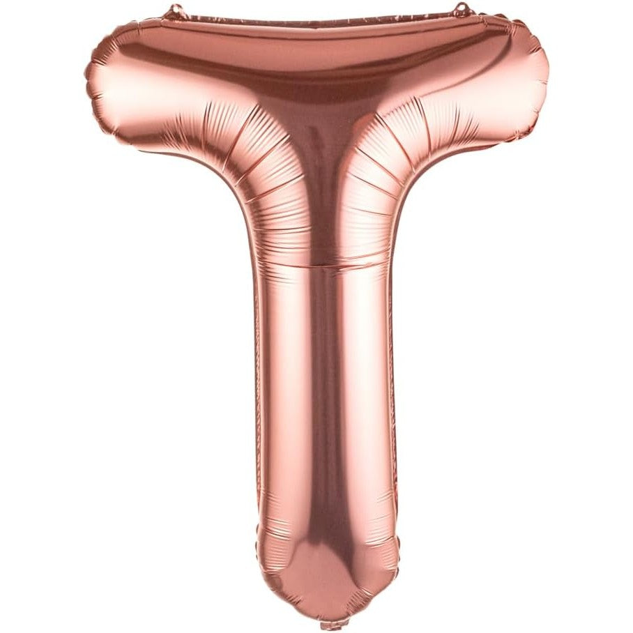 Balon Folie Metalizata Litera T, Umflare Heliu sau Aer, Include Pai pentru Umflare, Material Rezistent, 40 cm, Rose Gold