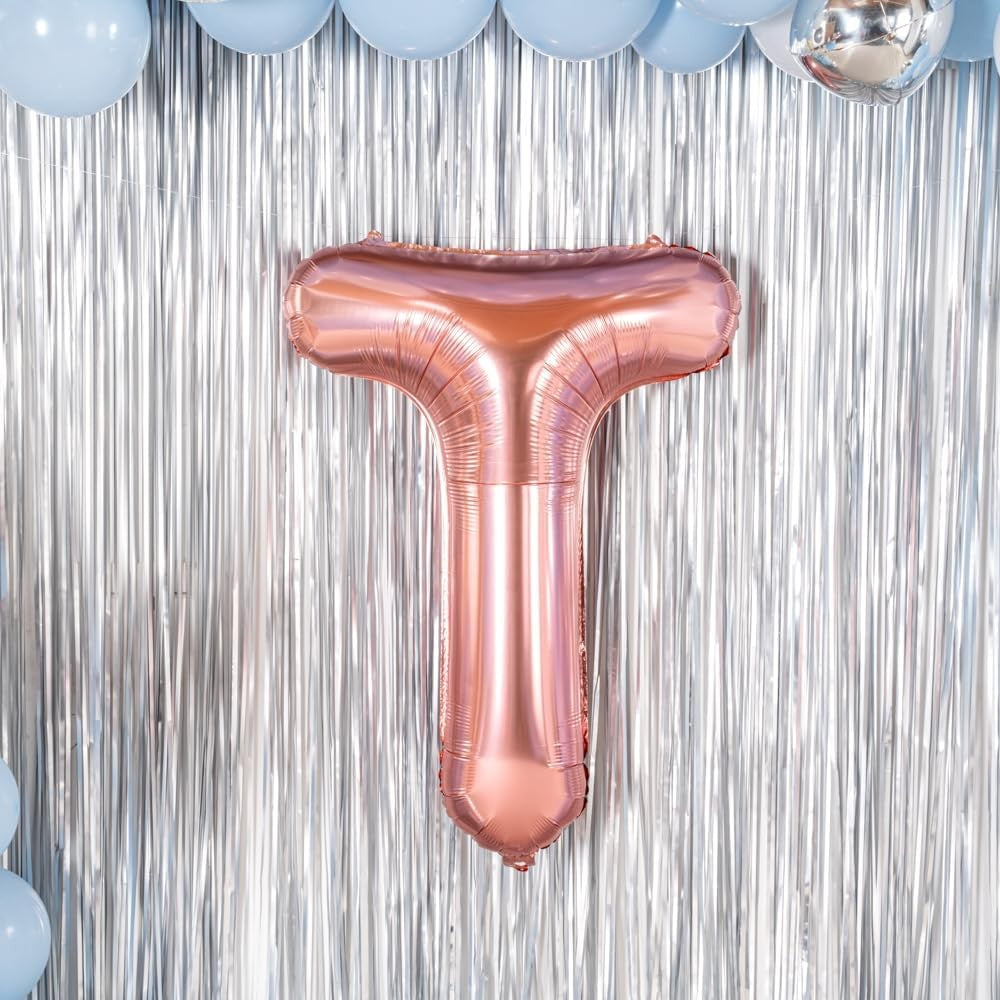 Balon Folie Metalizata Litera T, Umflare Heliu sau Aer, Include Pai pentru Umflare, Material Rezistent, 40 cm, Rose Gold