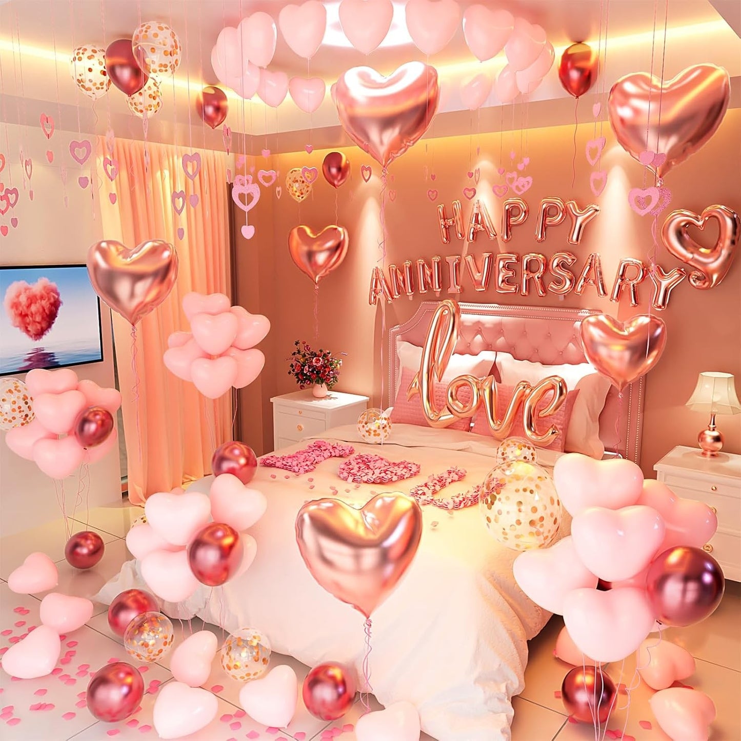 Set Baloane Party Happy Anniversary, Litere Din Folie Metalizata, Umflare Aer Sau Heliu, Pai Inclus, Aluminiu, Roz, 40 cm