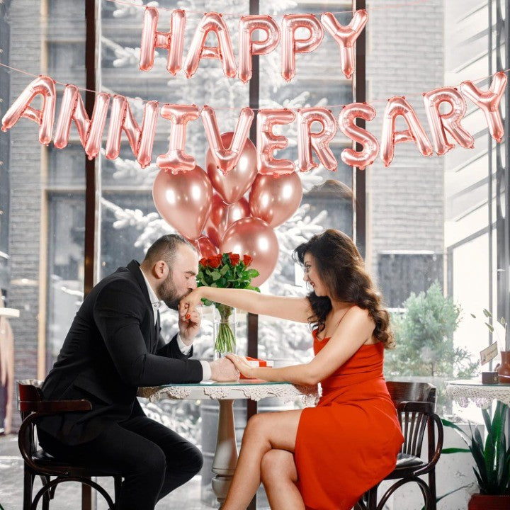 Set Baloane Party Happy Anniversary, Litere Din Folie Metalizata, Umflare Aer Sau Heliu, Pai Inclus, Aluminiu, Roz, 40 cm