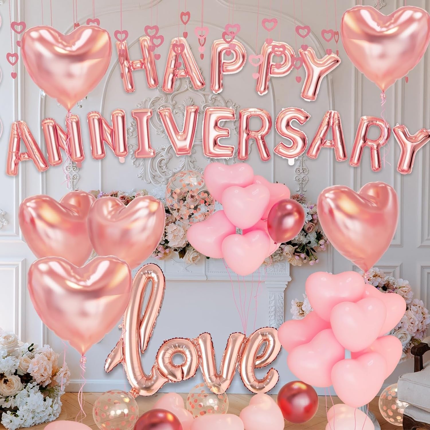 Set Baloane Party Happy Anniversary, Litere Din Folie Metalizata, Umflare Aer Sau Heliu, Pai Inclus, Aluminiu, Roz, 40 cm