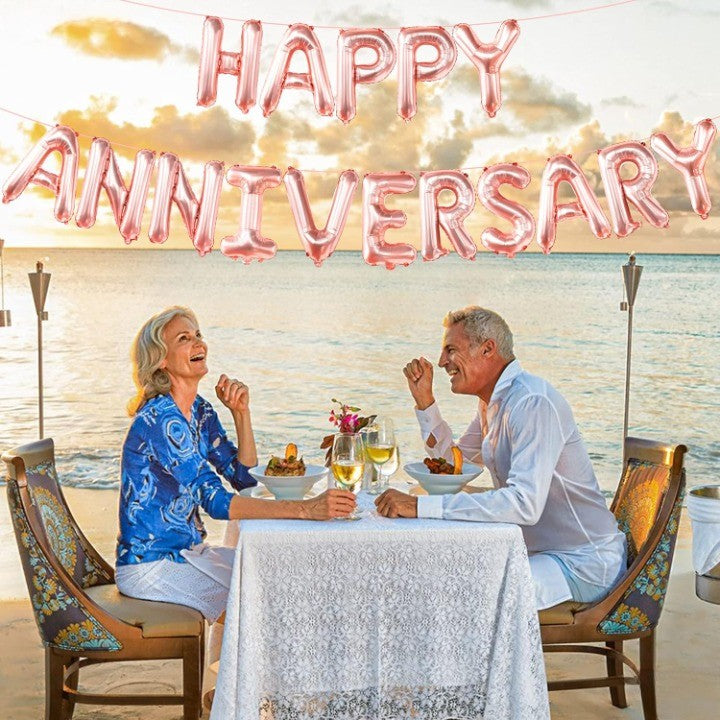 Set Baloane Party Happy Anniversary, Litere Din Folie Metalizata, Umflare Aer Sau Heliu, Pai Inclus, Aluminiu, Roz, 40 cm