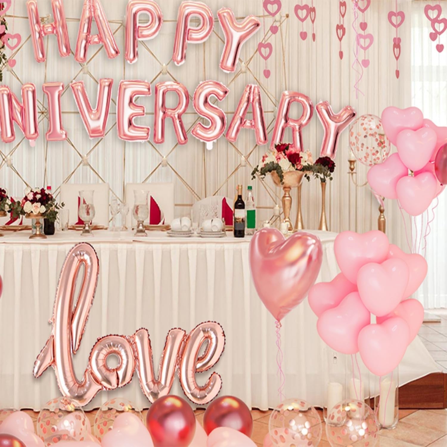 Set Baloane Party Happy Anniversary, Litere Din Folie Metalizata, Umflare Aer Sau Heliu, Pai Inclus, Aluminiu, Roz, 40 cm