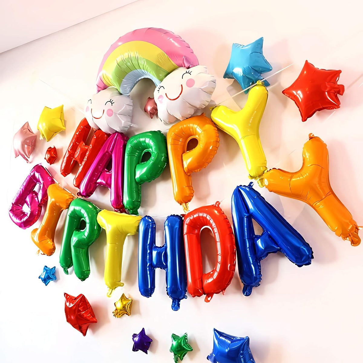 Set Baloane Party Happy Birthday, Litere din Folie Metalizata de 40 cm, Umflare Aer sau Heliu, Include Pai si Accesorii, Multicolor