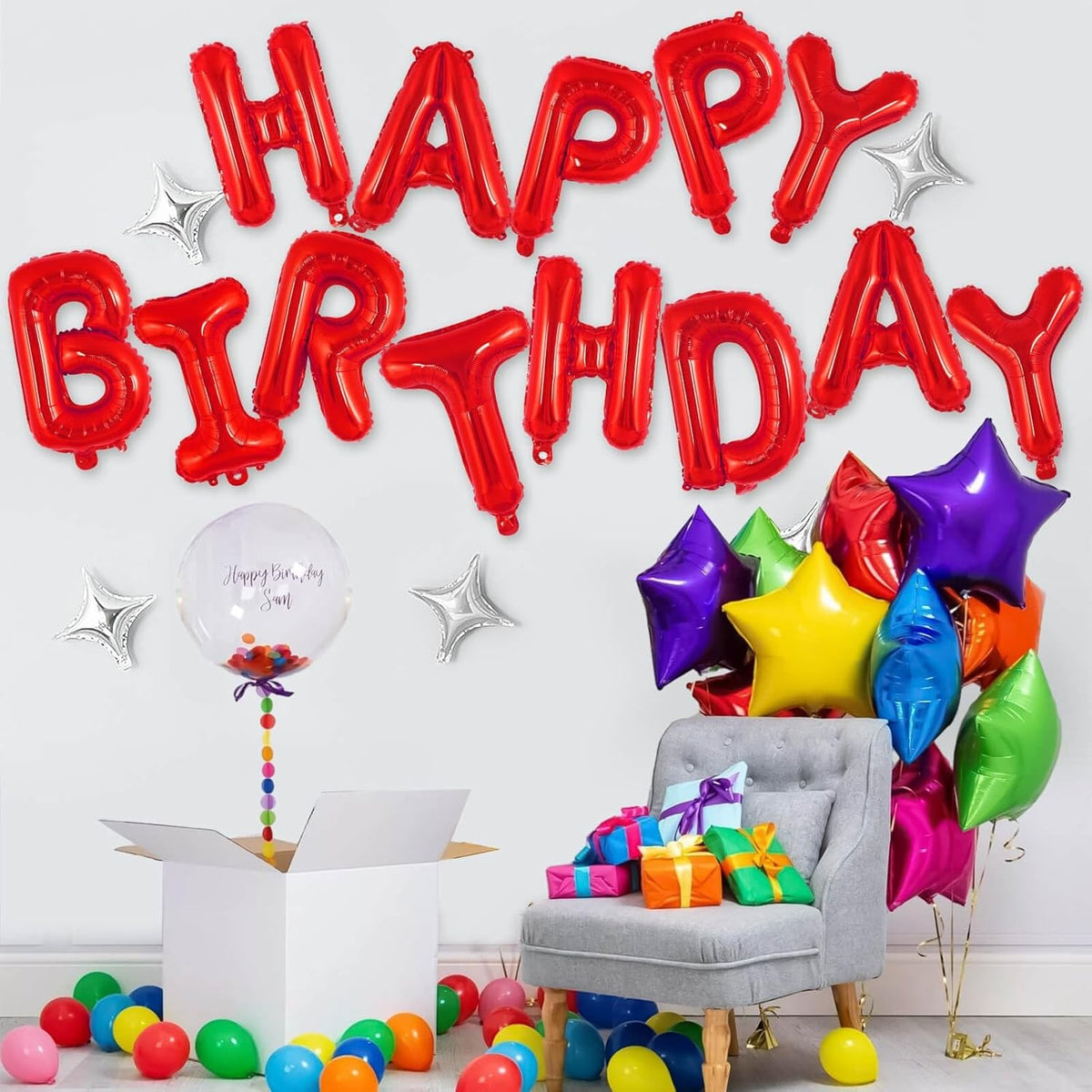 Set Baloane Happy Birthday, Litere de 40 cm, Folie Metalizata, Kit Accesorii Inclus cu Pai si Adeziv, Umflare Aer sau Heliu, Rosu