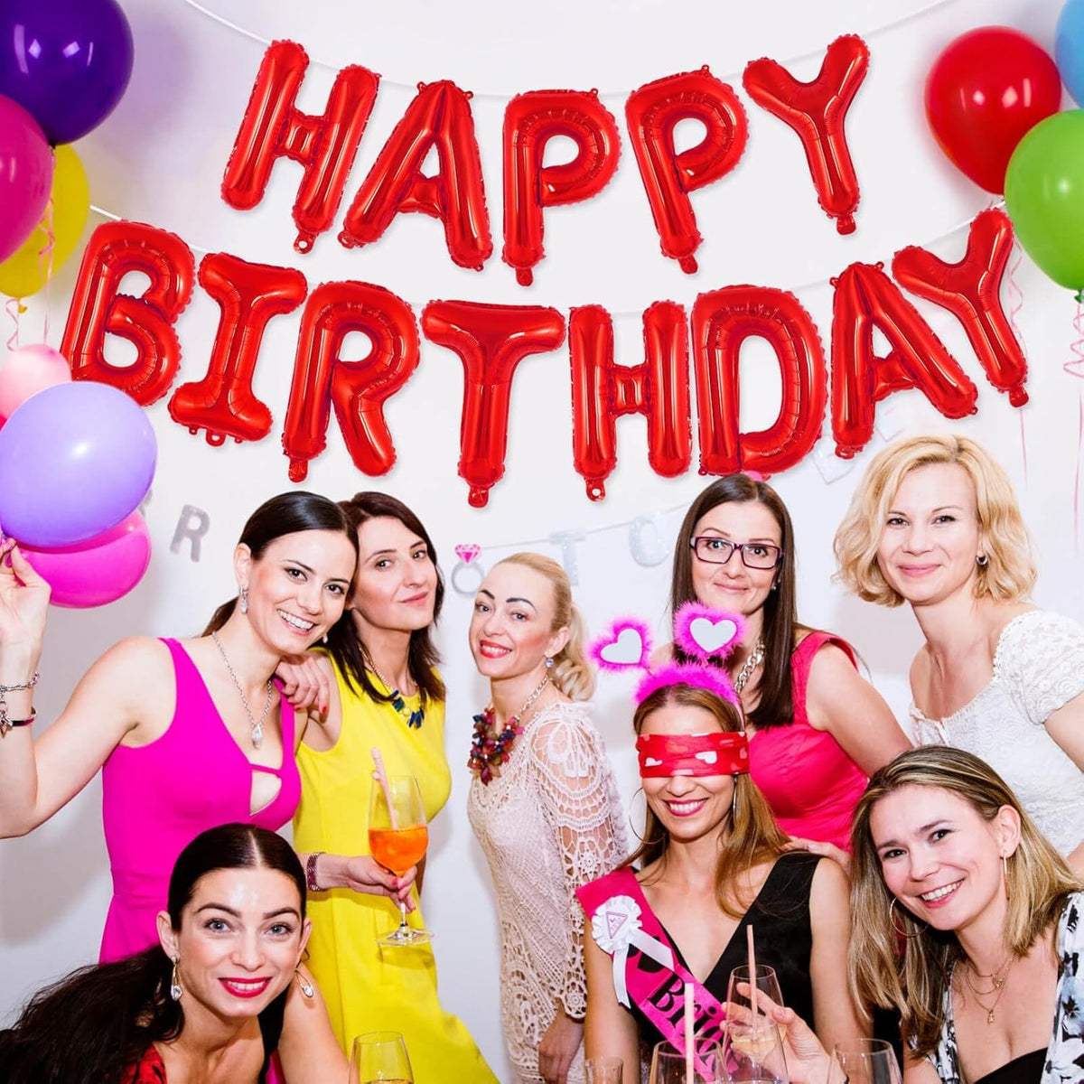 Set Baloane Happy Birthday, Litere de 40 cm, Folie Metalizata, Kit Accesorii Inclus cu Pai si Adeziv, Umflare Aer sau Heliu, Rosu