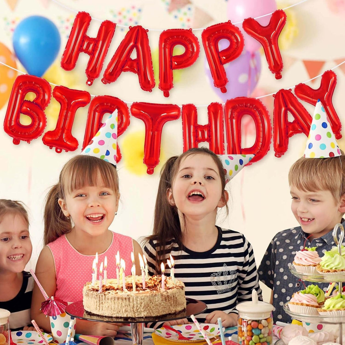 Set Baloane Happy Birthday, Litere de 40 cm, Folie Metalizata, Kit Accesorii Inclus cu Pai si Adeziv, Umflare Aer sau Heliu, Rosu