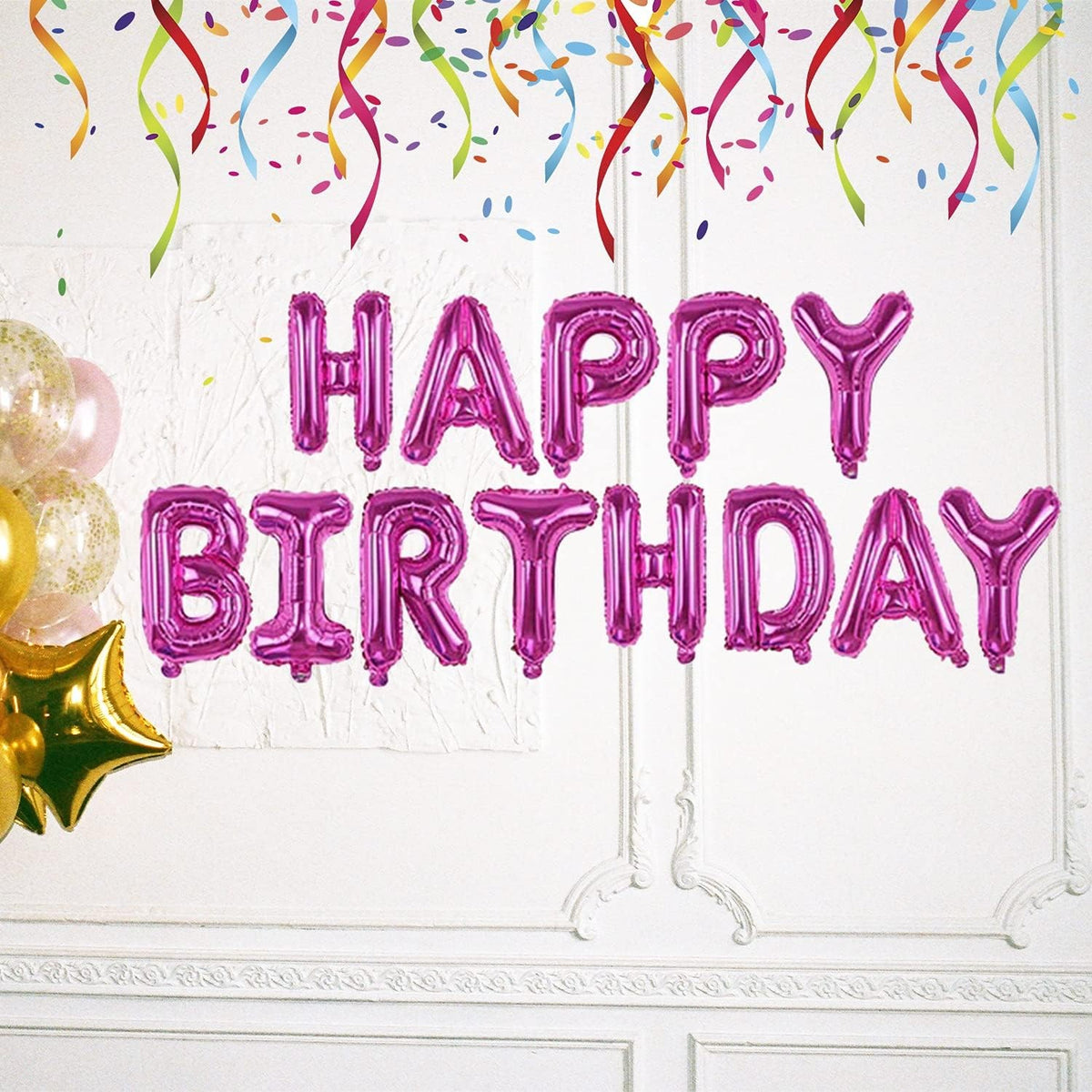 Set Baloane Happy Birthday, Litere Aniversare 40 cm, Folie Metalizata cu Pai si Adeziv Incluse, Umflare Aer sau Heliu, Mov
