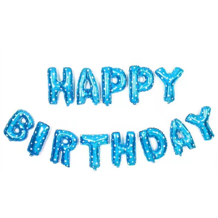 Set Baloane Aniversare Happy Birthday, Litere Din Folie Metalizata, Umflare Aer Sau Heliu, Include Pai Si Accesorii, Inaltime 40 cm, Albastru