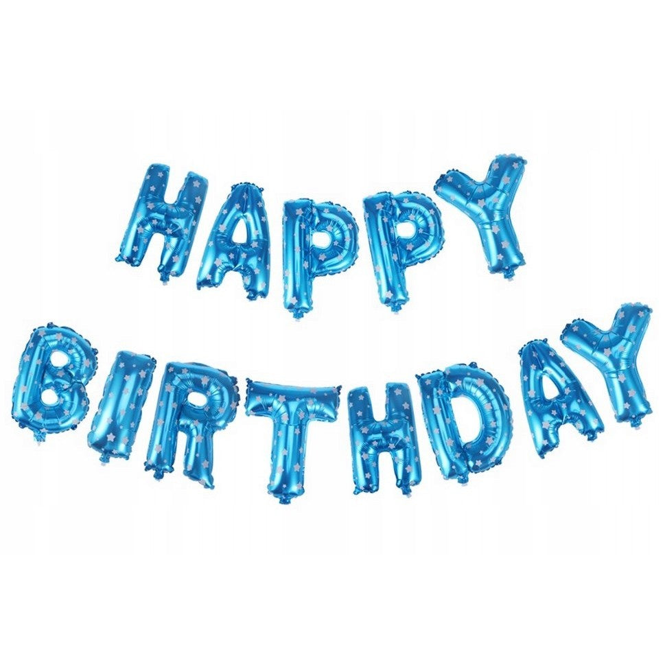 Set Baloane Aniversare Happy Birthday, Litere Din Folie Metalizata, Umflare Aer Sau Heliu, Include Pai Si Accesorii, Inaltime 40 cm, Albastru
