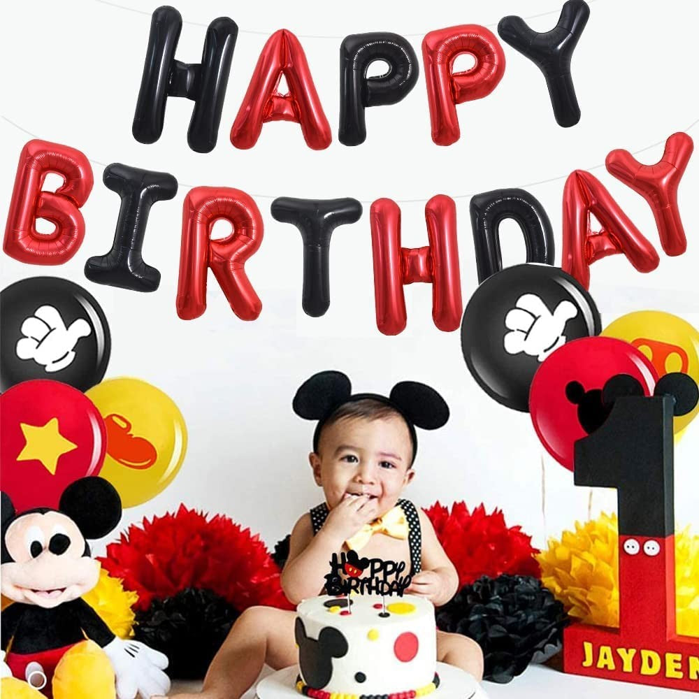 Set Baloane Happy Birthday, Litere Aniversare 40 cm, Folie Metalizata, Kit Complet cu Pai, Ata si Adeziv, Umflare Aer sau Heliu, Rosu-Negru