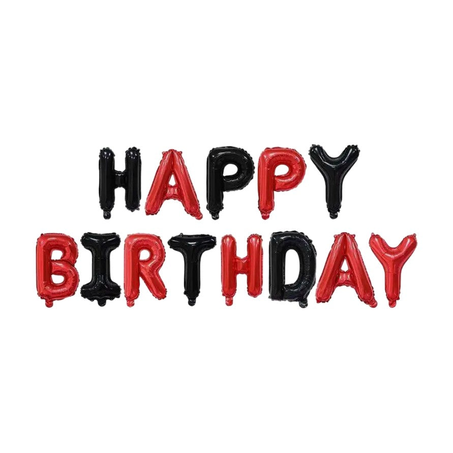 Set Baloane Happy Birthday, Litere Aniversare 40 cm, Folie Metalizata, Kit Complet cu Pai, Ata si Adeziv, Umflare Aer sau Heliu, Rosu-Negru