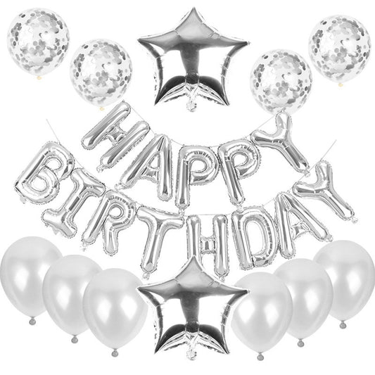 Set 25 Baloane Aniversare Happy Birthday, Folie Metalizata si Latex cu Confetti si Stelute, 40 cm, Argintiu si Roz