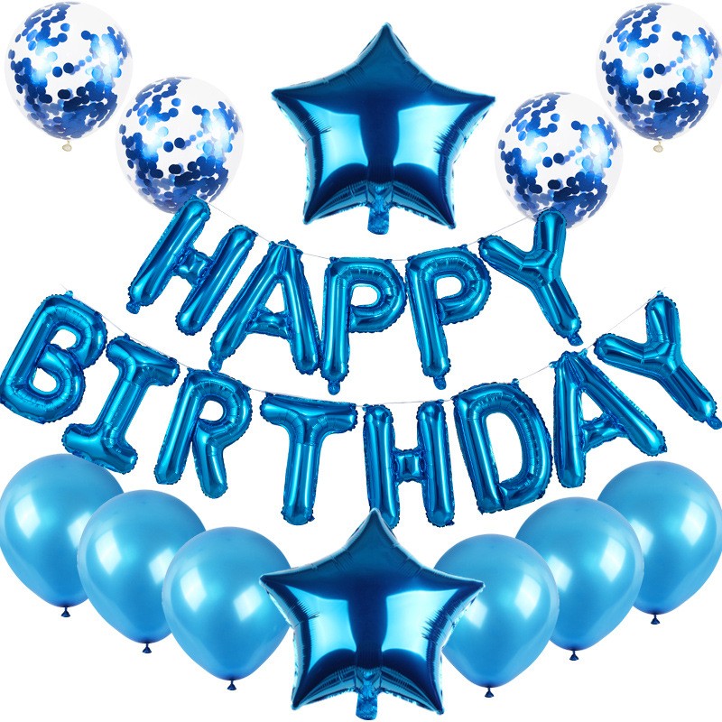Set Baloane Aniversare Happy Birthday, Kit Decoratiuni Petrecere cu Stelute si Confetti, Folie Metalizata si Latex, 40 cm, 25 Piese, Albastru si Roz