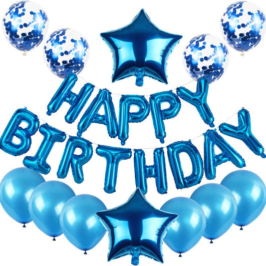 Set Baloane Aniversare Happy Birthday, Kit Decoratiuni Petrecere cu Stelute si Confetti, Folie Metalizata si Latex, 40 cm, 25 Piese, Albastru si Roz