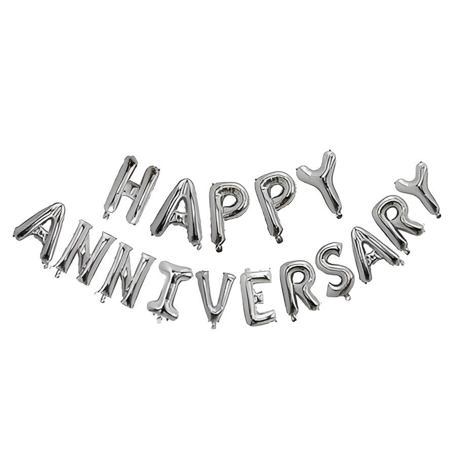 Set Baloane Aniversare Happy Anniversary, Litere din Folie Metalizată, Accesorii Petrecere, Umflare Aer sau Heliu, Argintiu, 40 cm