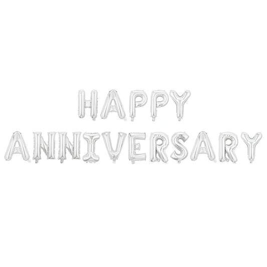 Set Baloane Aniversare Happy Anniversary, Litere din Folie Metalizată, Accesorii Petrecere, Umflare Aer sau Heliu, Argintiu, 40 cm