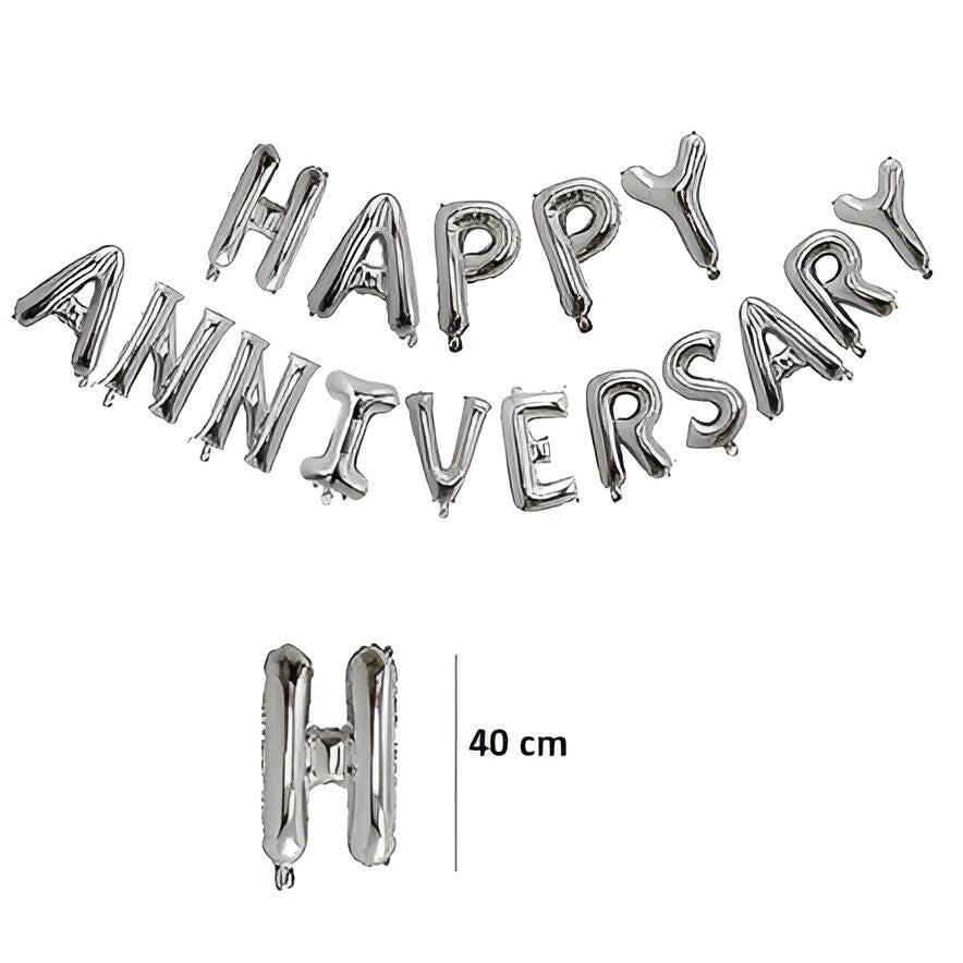 Set Baloane Aniversare Happy Anniversary, Litere din Folie Metalizată, Accesorii Petrecere, Umflare Aer sau Heliu, Argintiu, 40 cm
