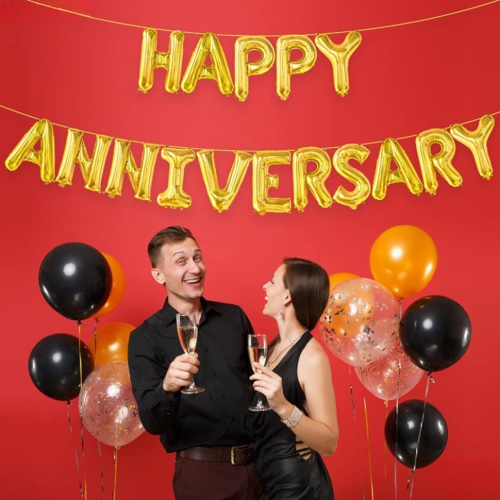 Set Baloane Aniversare Happy Anniversary, Litere 40 cm, Folie Metalizata, Umflare Aer sau Heliu, Include Pai, Auriu