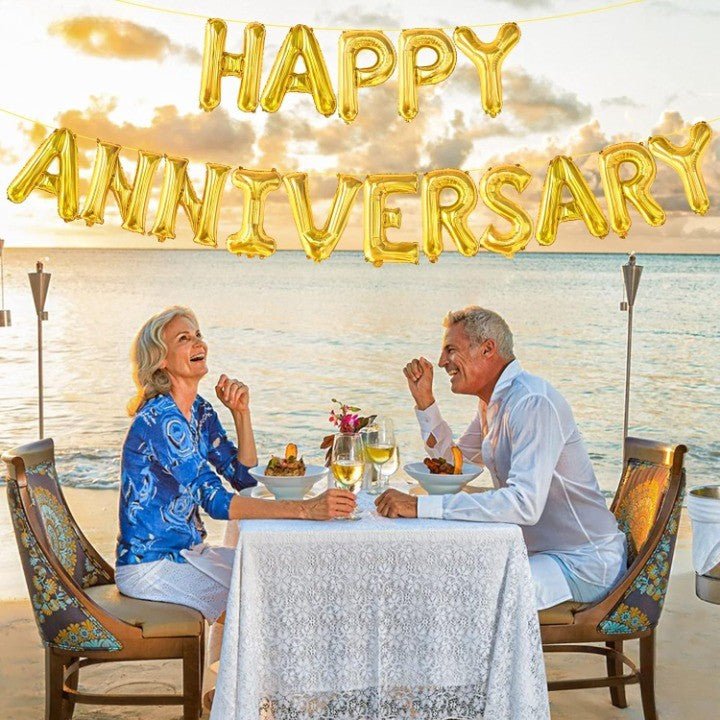 Set Baloane Aniversare Happy Anniversary, Litere 40 cm, Folie Metalizata, Umflare Aer sau Heliu, Include Pai, Auriu