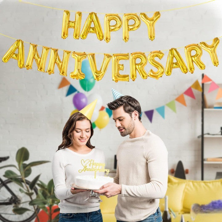 Set Baloane Aniversare Happy Anniversary, Litere 40 cm, Folie Metalizata, Umflare Aer sau Heliu, Include Pai, Auriu