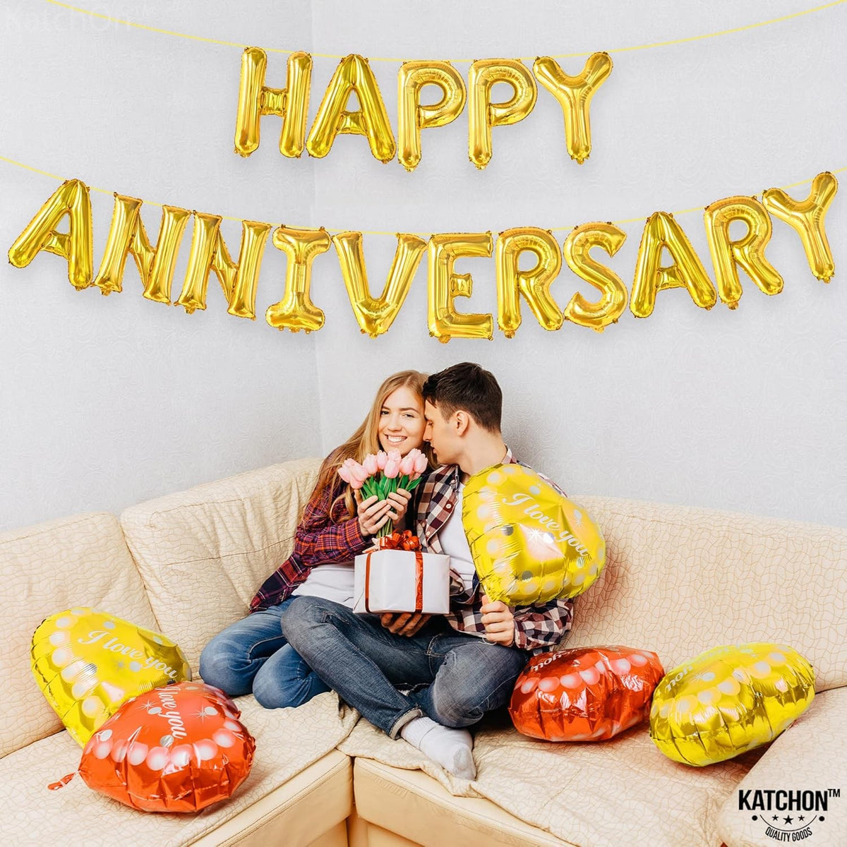 Set Baloane Aniversare Happy Anniversary, Litere 40 cm, Folie Metalizata, Umflare Aer sau Heliu, Include Pai, Auriu