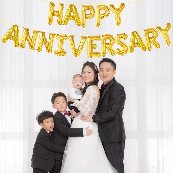 Set Baloane Aniversare Happy Anniversary, Litere 40 cm, Folie Metalizata, Umflare Aer sau Heliu, Include Pai, Auriu