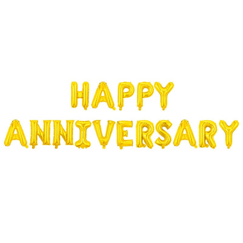 Set Baloane Aniversare Happy Anniversary, Litere 40 cm, Folie Metalizata, Umflare Aer sau Heliu, Include Pai, Auriu