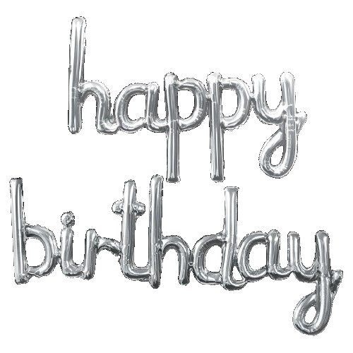 Set Baloane Party Happy Birthday, Baloane din Folie Metalizată pentru Aniversări, Umflare Aer sau Heliu, Pai Inclus, Argintiu, 2 Bucăți, 45x85 cm și 45x124 cm